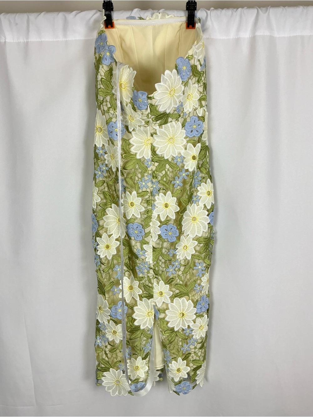 Dessy Collection Strapless Daisy Lace Midi Dress in Green & White - Picture 4 of 6